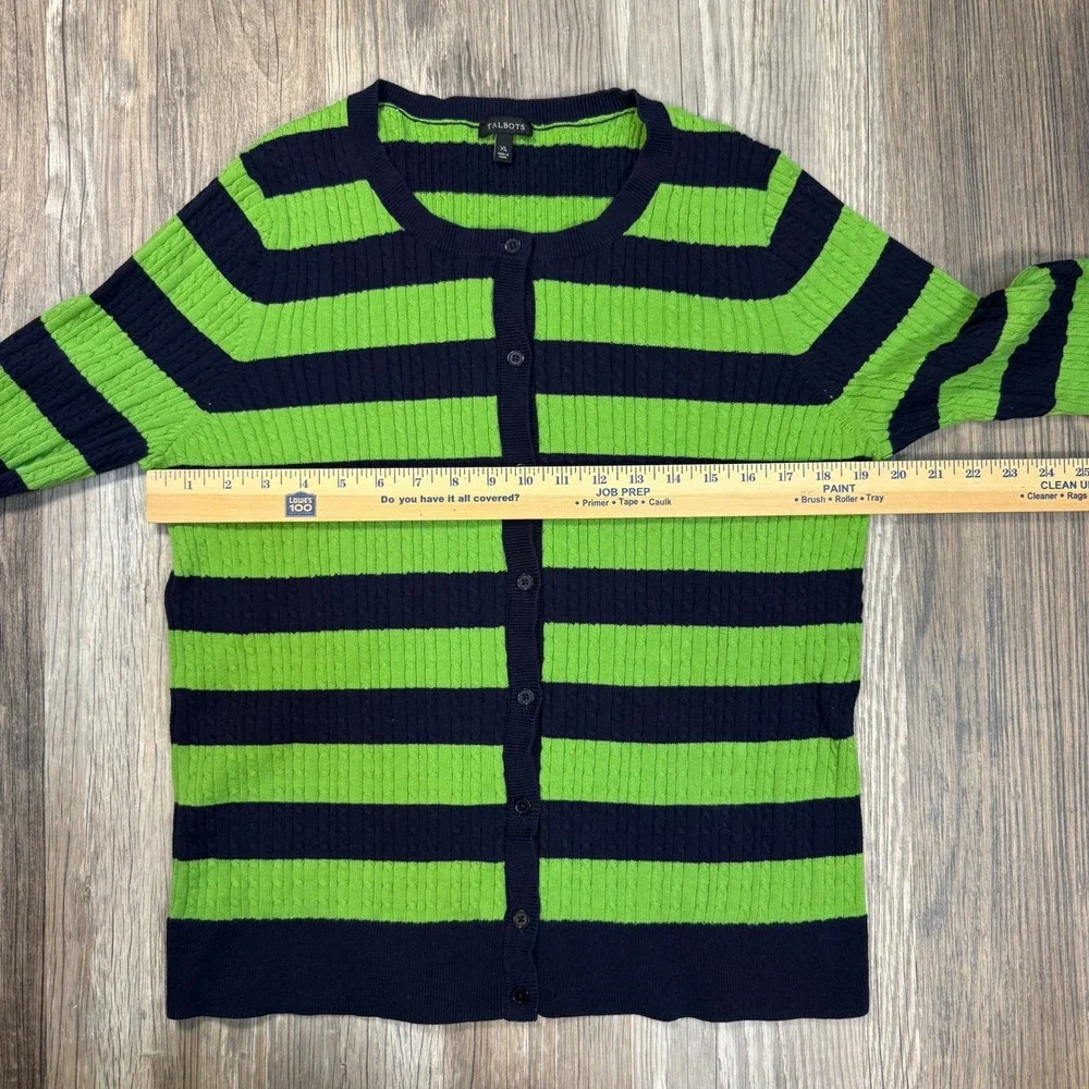 Talbots XL Nautical Prep Navy Blue Lime Green Striped Cable Knit Cotton Cardigan
